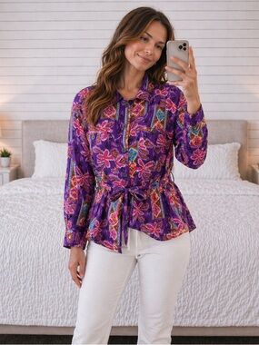 Vintage 80's Leslie Fay 100% Silk Abstract Colorful Retro Print Tunic Blouse